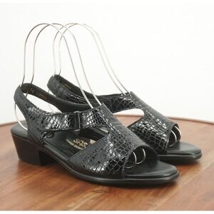 SAS Womens Suntimer Sandals Block Heel Slingback Black Embossed Leather 8.5W